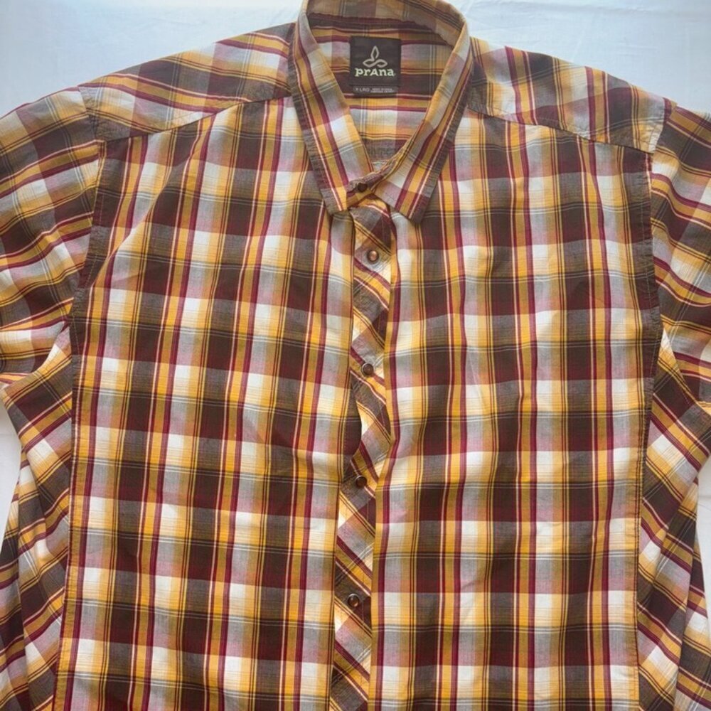 Prana Plaid Short Sleeve Button Down SSBD Western Fall Size XL